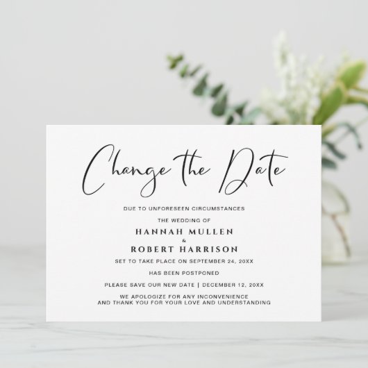 結婚式の日程変更延期 黒白 案内状 (スタンド正面)