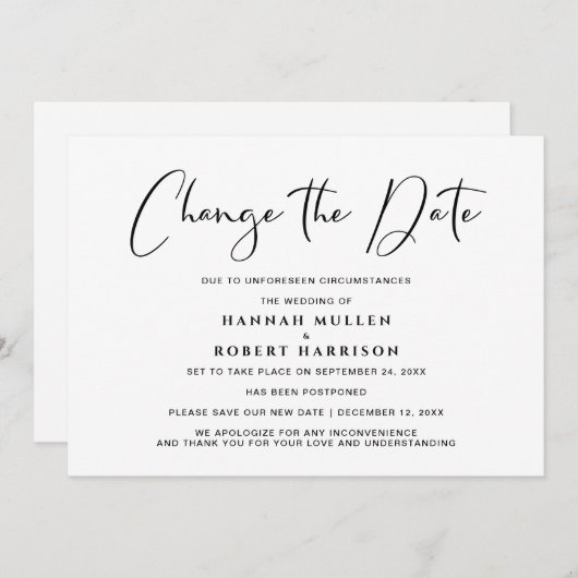 結婚式の日程変更延期 黒白 案内状 (正面/裏面)