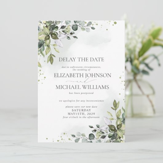 結婚式の日程延期 ユーカリの水彩 案内状 (スタンド正面)