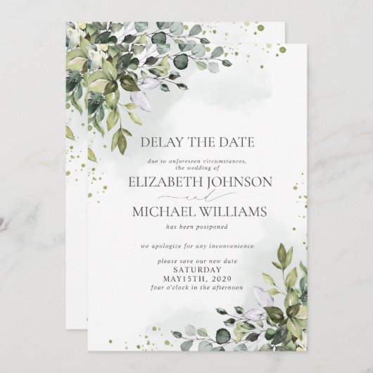 結婚式の日程延期 ユーカリの水彩 案内状 (正面/裏面)