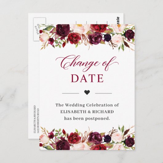 結婚式の日程延期 ワインレッド ブルッシュ フラワーデザイン ポストカード (正面/裏面)