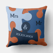 結婚式の日 青とオレンジのパズルのピース Mr & Mrs クッション (裏面)