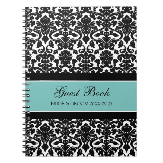 結婚式の来客名簿のティール（緑がかった色）のダマスク織のノート ノートブック (正面)