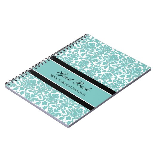 結婚式の来客名簿のティール(緑がかった色)のダマスク織のノート ノートブック (左側)