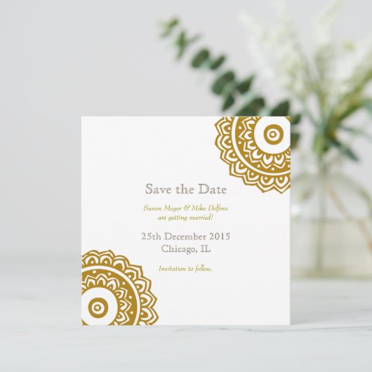 結婚式の案内カード　ゴールド　ホワイト セーブザデート (スタンド正面)