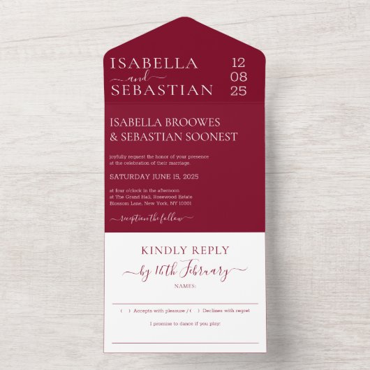 結婚式の正式なバーガンディの返信のお願い状 オールインワン招待状 (内側)