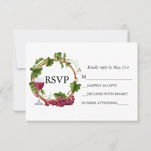 結婚式の水彩画のブドウのつるの花輪 出欠カード (正面)