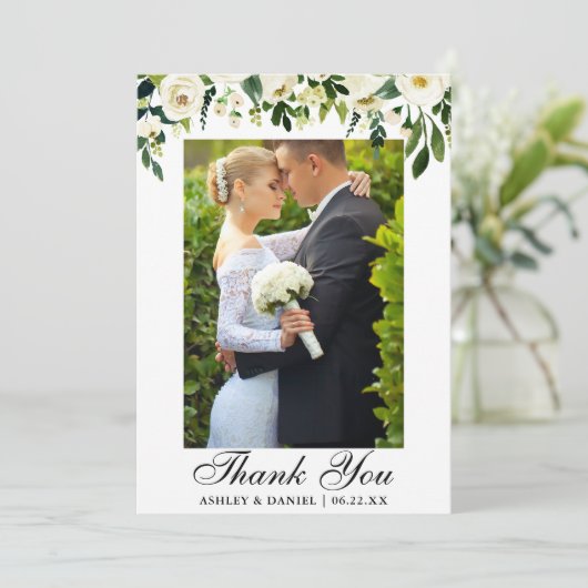 結婚式の水彩画の緑の白い花の写真 サンキューカード (スタンド正面)