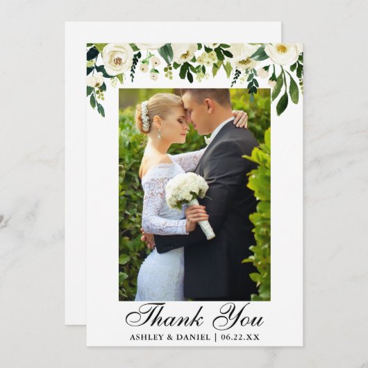 結婚式の水彩画の緑の白い花の写真 サンキューカード (正面/裏面)