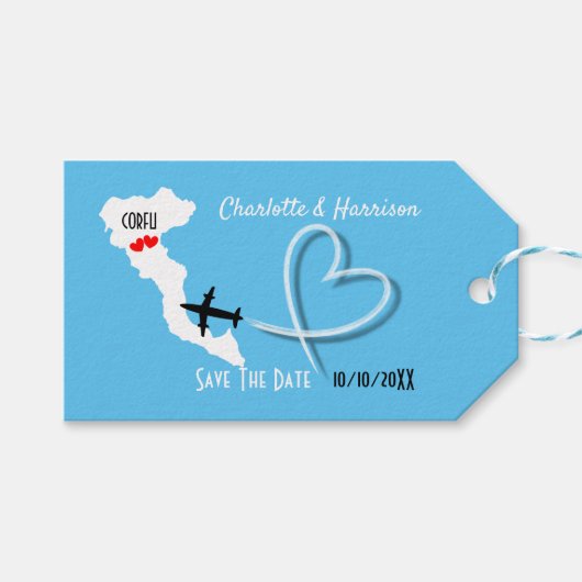 結婚式の海外の宛先Corfu日付を保存 ギフトタグ (正面(横))
