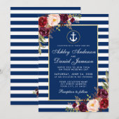 結婚式の海軍ブルーのストライプとバーガンディの招待状 招待状 (正面/裏面)
