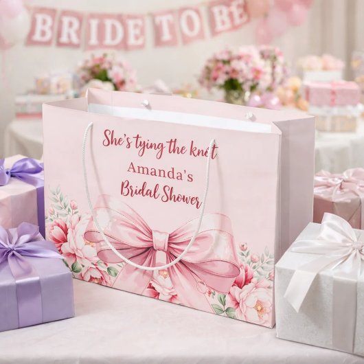 結婚式の準備 ピンクの蝶結び 花の装飾付き ブライズシャワー ラージペーパーバッグ