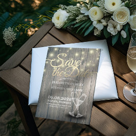 結婚式の為のワインチャンピンググラスと木製ライト セーブザデート