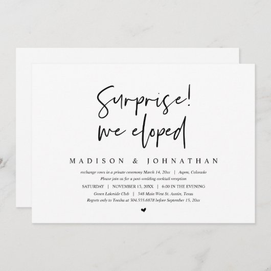 結婚式の秘密の計画, サプライズ, 私たちはこっそり結婚しました 招待状 (正面/裏面)