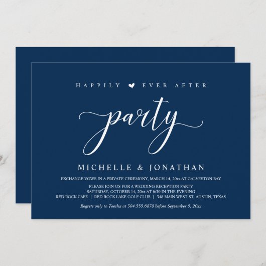 結婚式の秘密の誓い、ネイビーブルー、披露宴パーティーの招待状 招待状 (正面/裏面)