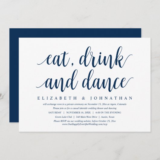 結婚式の秘密の誓い、食事とダンスのパーティーへの招待 招待状 (正面/裏面)