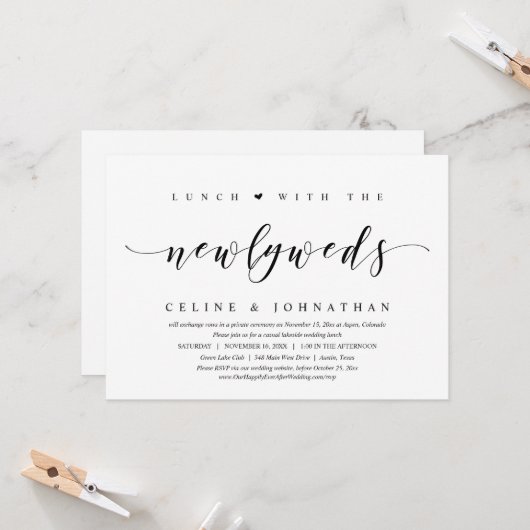 結婚式の秘密挙式、 新婚夫婦とのランチへの招待 招待状 (正面/裏面インサイチュ)