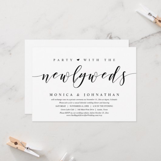 結婚式の秘密挙式、 新婚夫婦とパーティ 招待状 (正面/裏面インサイチュ)