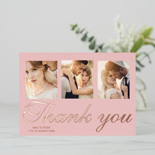 結婚式の箔押し感謝カード。ローズゴールドの箔押しカード 箔招待状 (立ち正面)