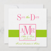 結婚式の緑のピンクのための日付のモノグラムを救って下さい セーブザデート (正面)