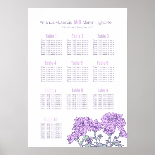 結婚式の菊の紫の花のアートテーブルプラン ポスター (正面)