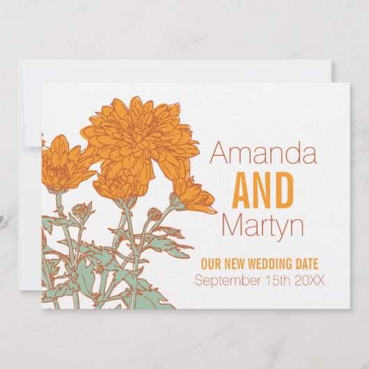 結婚式の菊の花 白 オレンジ色 延期しました 招待状 (正面)