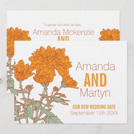 結婚式の菊の花 白 オレンジ色 延期 招待状 (正面/裏面)
