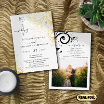 結婚式の裏面のフェスティブスワールと葉の写真