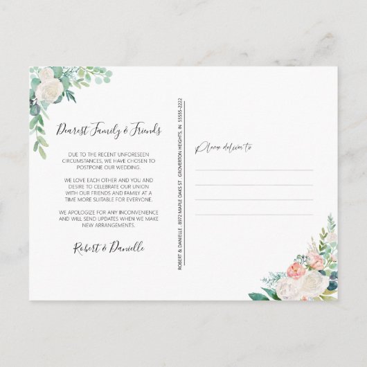 結婚式の計画変更 水彩花イラスト グリーン 案内ポストカード (裏面)