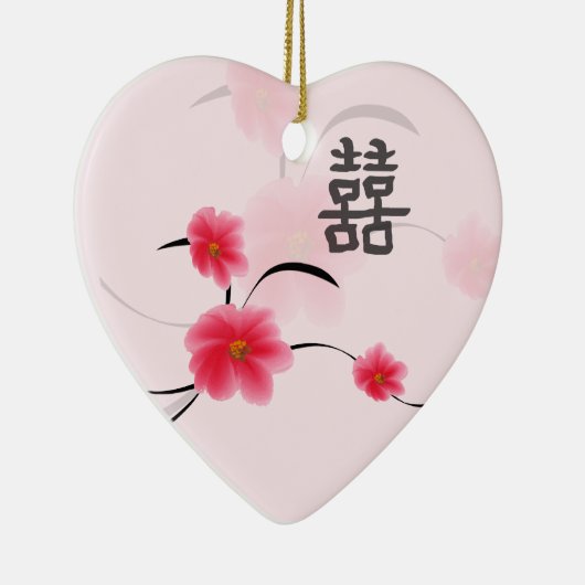 結婚式の記念品のピンクの花の倍の幸福 セラミックオーナメント (右)