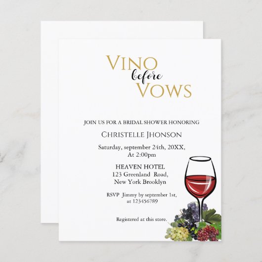 結婚式の誓いの前にワインを ブライズシャワーの招待状 (正面/裏面)