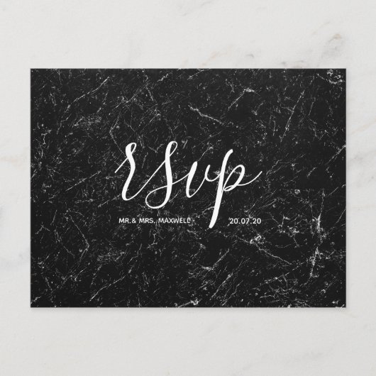 結婚式の返信カード | 黒大理石スクリプトポストカード インビテーションポストカード (正面)