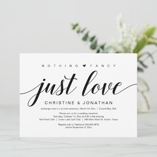 結婚式の隠し結婚式、エレガントでおしゃれなブラックスクリプト 招待状 (スタンド正面)