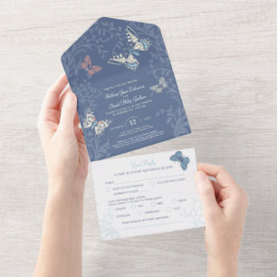 結婚式の青いクリーム色の蝶の渦巻き食事 RSVP オールインワン招待状