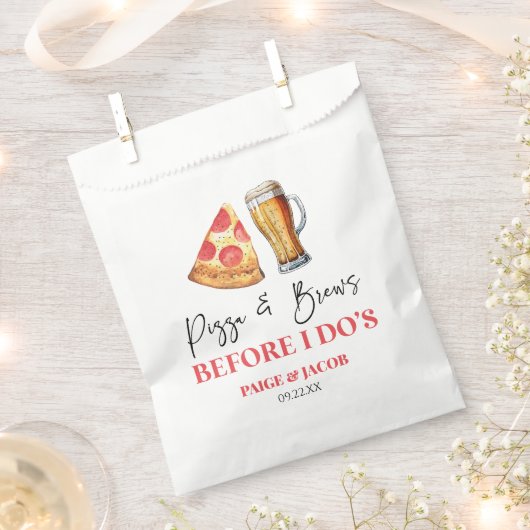 結婚式の食事会前のピザとビール フェイバーバッグ (クリップ留めされた状態)