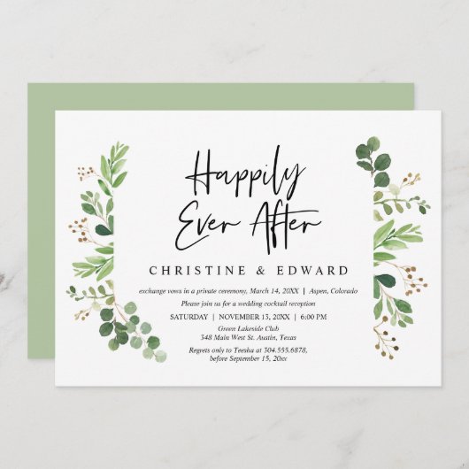 結婚式の駆け落ち、幸せな日々を送るためのディナー 招待状 (正面/裏面)