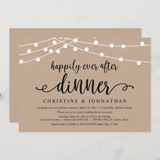 結婚式の駆け落ち、幸せな結婚後のディナー 招待状 (正面/裏面)