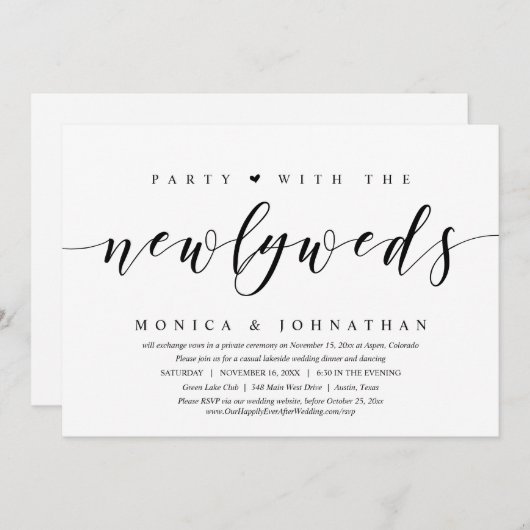 結婚式の駆け落ち、 新婚夫婦とパーティ 招待状 (正面/裏面)