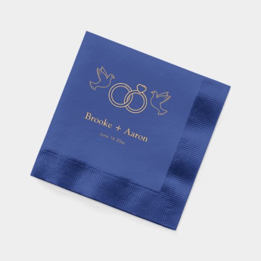 結婚式の鳩と指輪 カップルの名前と日付 箔ナプキン (左)