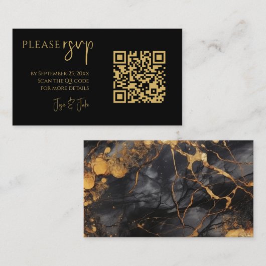結婚式の黒と金ゴールド大理石QRコードRSVP エンクロージャーカード (正面/裏面)