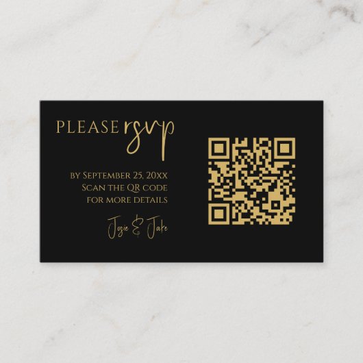 結婚式の黒と金ゴールド大理石QRコードRSVP エンクロージャーカード (正面)