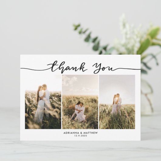 結婚式の3枚の写真 エレガントな感謝のメッセージスクリプト サンキューカード (スタンド正面)