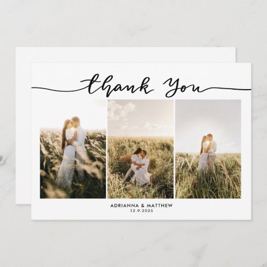 結婚式の3枚の写真 エレガントな感謝のメッセージスクリプト サンキューカード (正面/裏面)