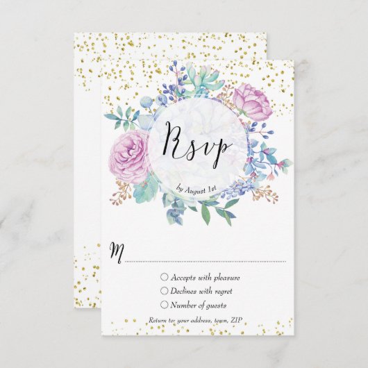 結婚式のrsvpカードsucculentsのサボテンの花柄の金ゴールド 出欠カード (正面/裏面)