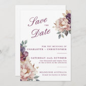 結婚式のSave the Dateカード ヴィンテージ 紫の花 セーブザデート (正面/裏面)