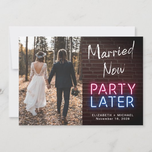 結婚式はもう終わった 後でパーティー ネオンライト フォト 結婚報告 案内状 (正面)