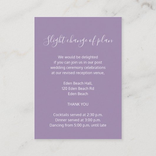 結婚式はシンプルな紫色の白いエンクロージャカードを詳しく述べます エンクロージャーカード (裏面)