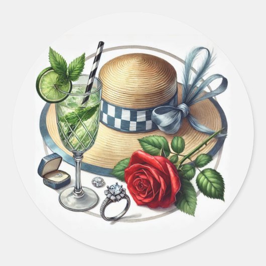 「結婚式へ向かって」ダービー風のウェディングシャワー ラウンドシール (正面)