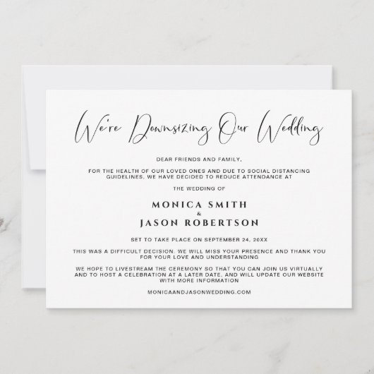 結婚式を縮小します エレガントなカリグラフィー 案内状 (正面)