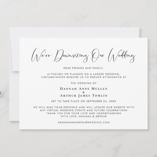 結婚式を縮小します エレガントなカリグラフィー 案内状 (正面)